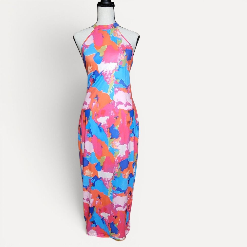 SHEIN XL Colorful Abstract Print Maxi Dress Halter Neck Bodycon Summer Bright